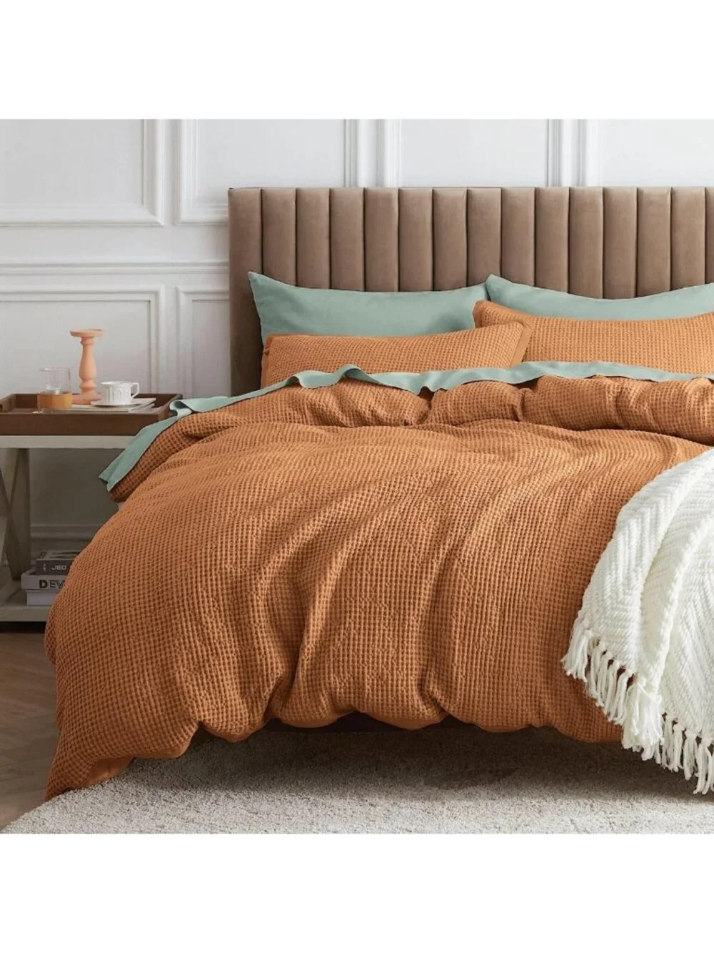 Cozy Waffle Comforter Set Queen Size, Soft Cotton Cover, Elegant Hazel Color